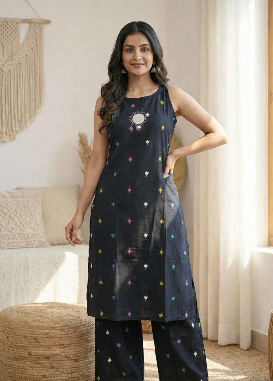 Black Sleeveless Cord Set (Single Mirrror at Centre)
