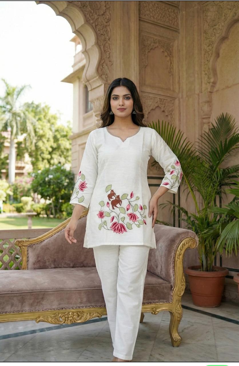 White Embroided Cord Set Lotus Design