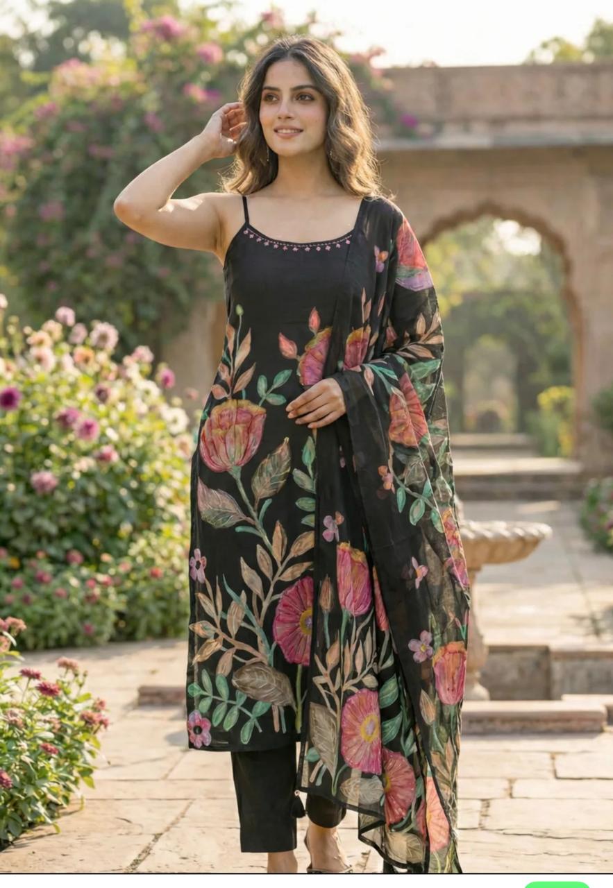 Black strep less Kurti Set for women with dupatta &Pant