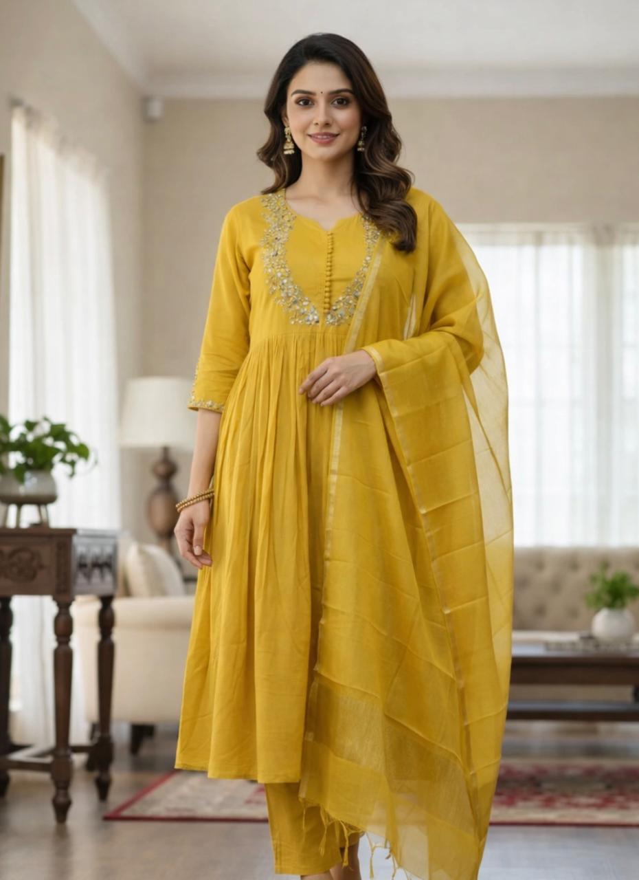 U-Neck Moti Work Anarkali Set for women with dupatta & Pant