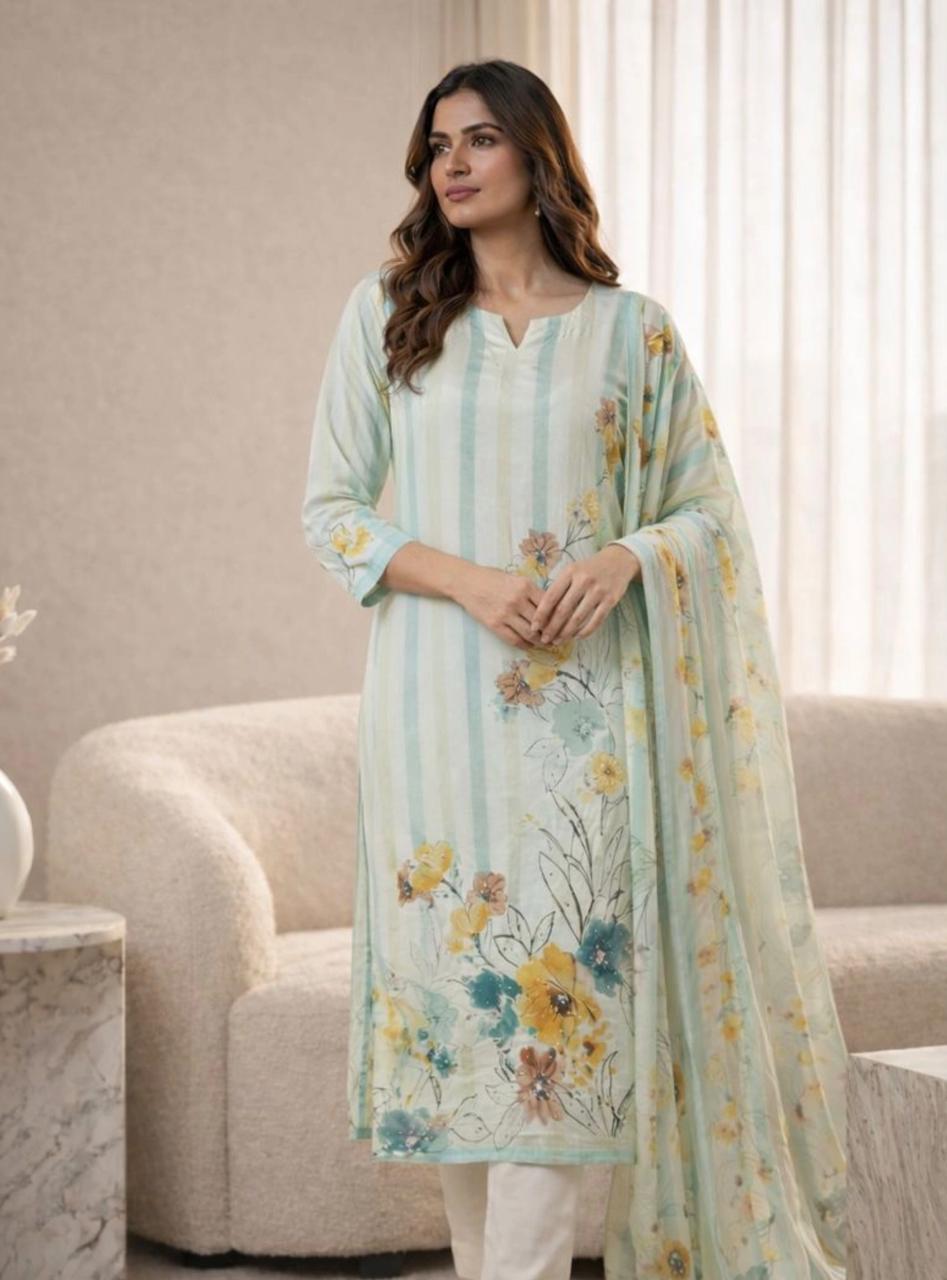Pista Green Floral Printed Silk 3 piece Kurti Set for women with dupatta & Pant