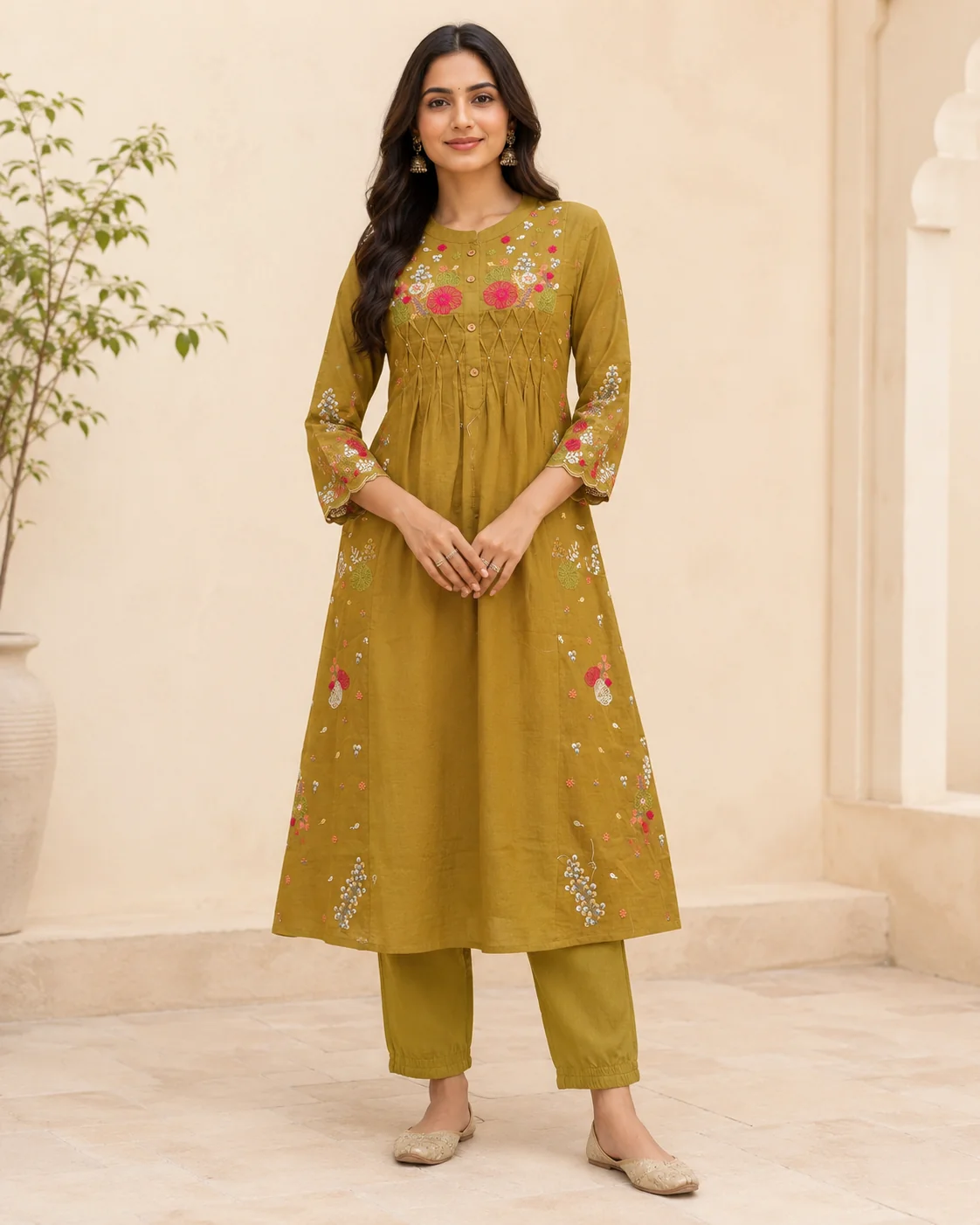Mehendi Green Cotton Kurta Set with Floral Embroidery