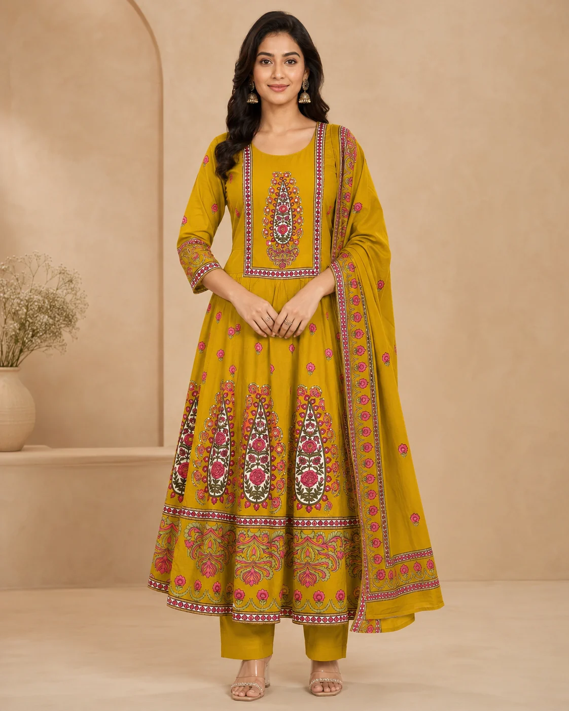 Mustard Cotton Anarkali Set with Pink Paisley Print