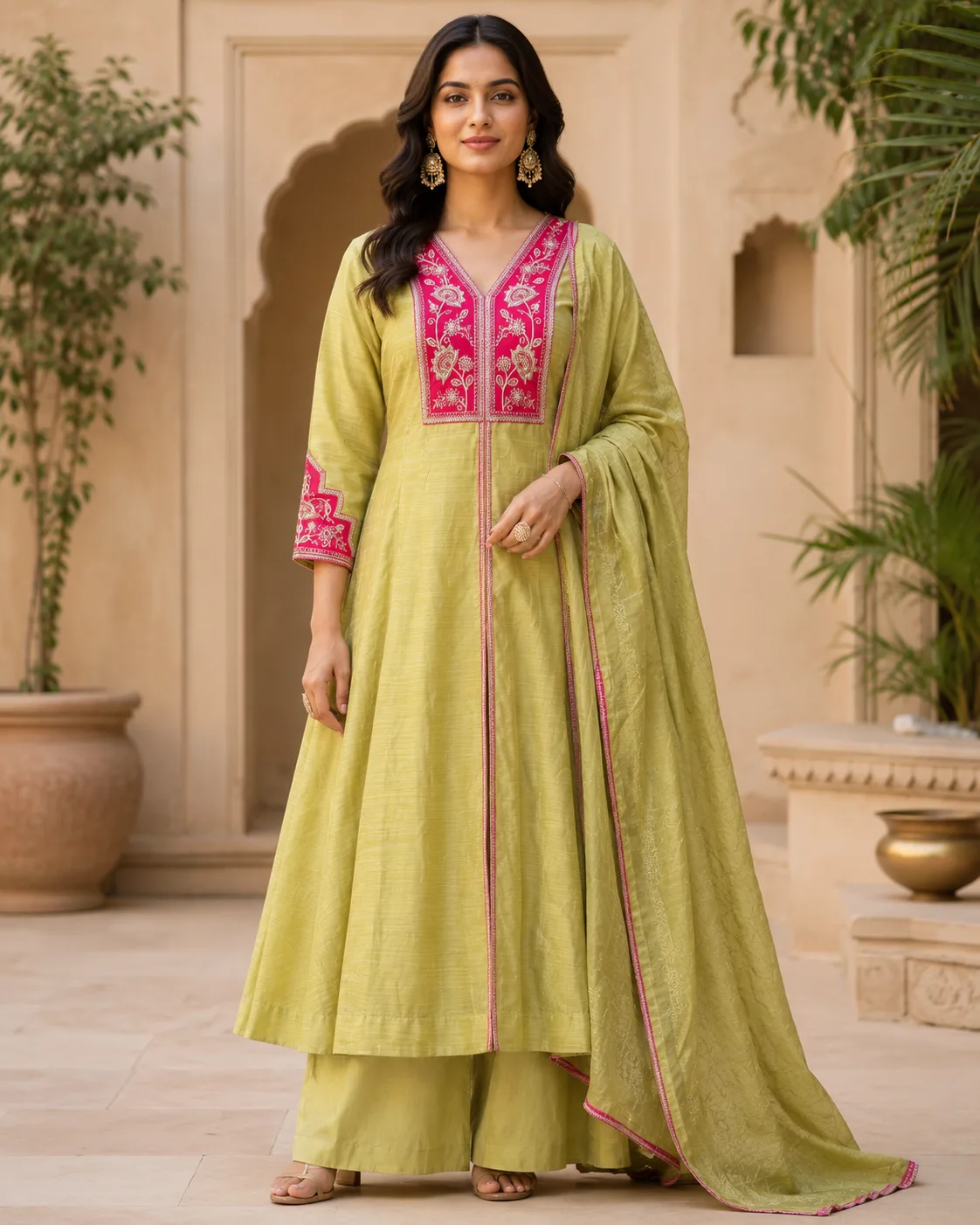 Anarkali Set for women with dupatta & Plazzo Floral Pista Green