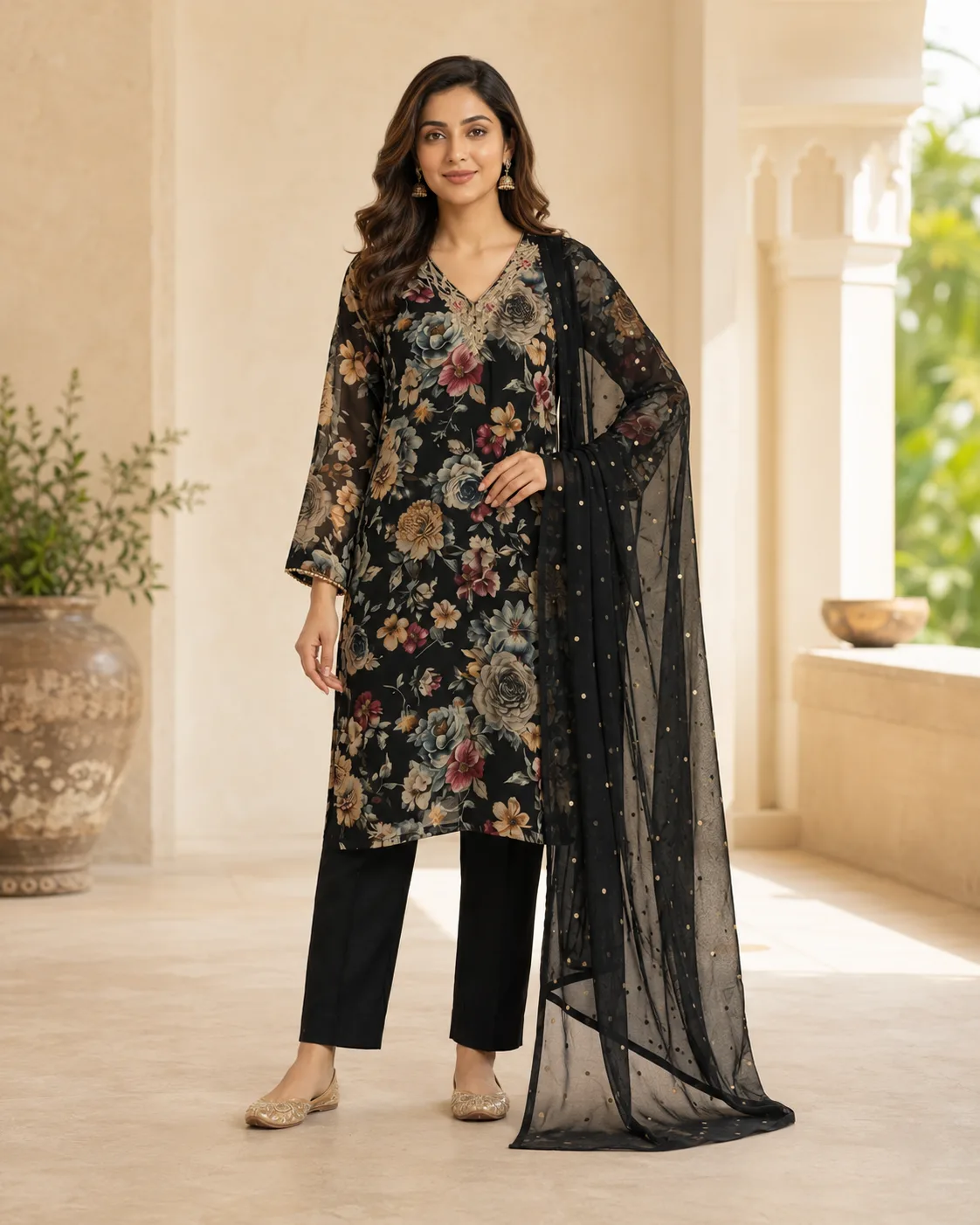 Chiffon Black Floral Printed 3 Piece kurti for women with dupatta & Pant