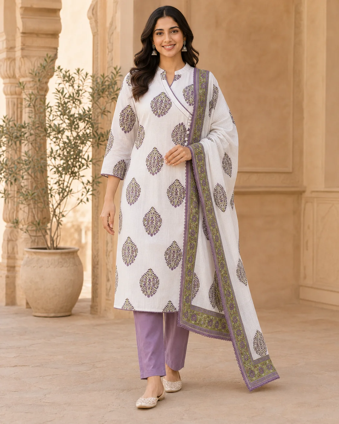 Ivory Cotton Kurta Set with Lilac Block-Print Motifs