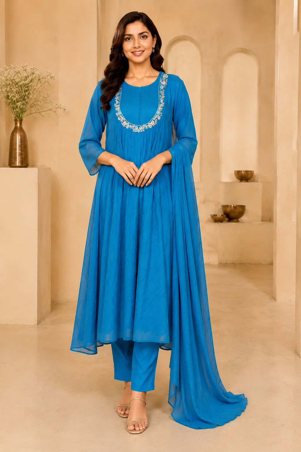 U-Neck Anarkali Set for women with dupatta & Pant