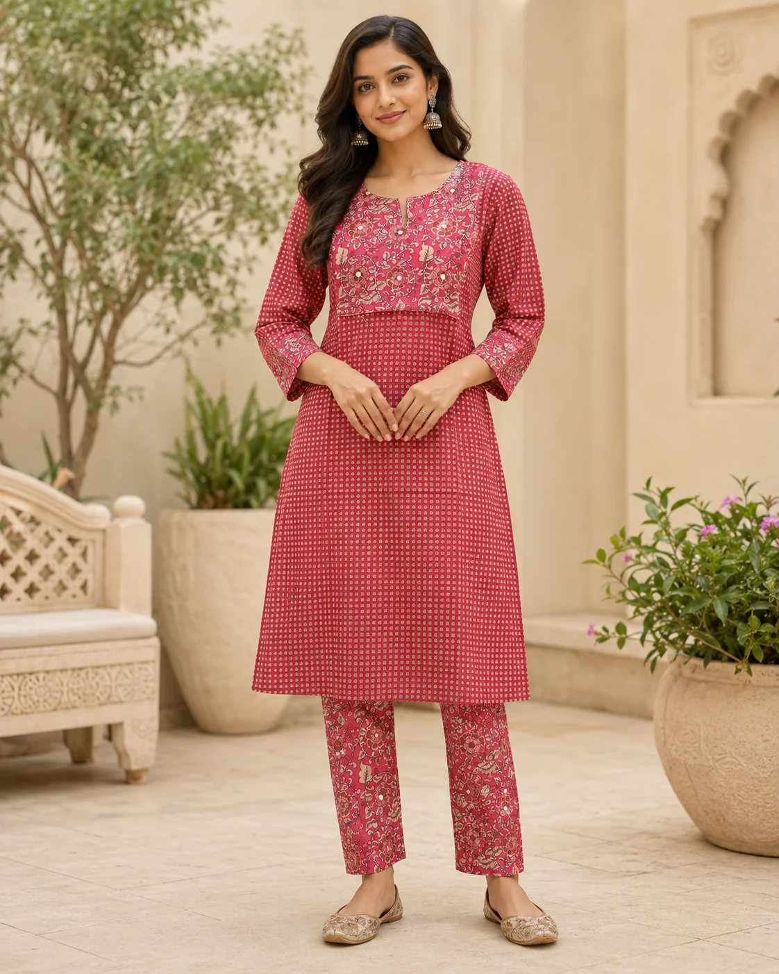 Rani Pink Cotton Kurta Set with Floral Yoke