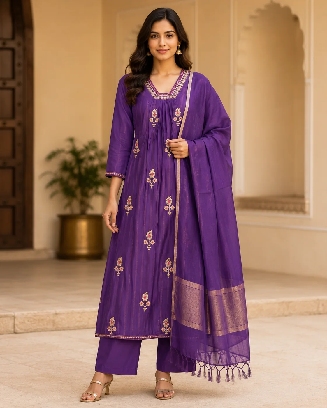 Purple Silk Blend Kurta Set with Zari-Border Dupatta