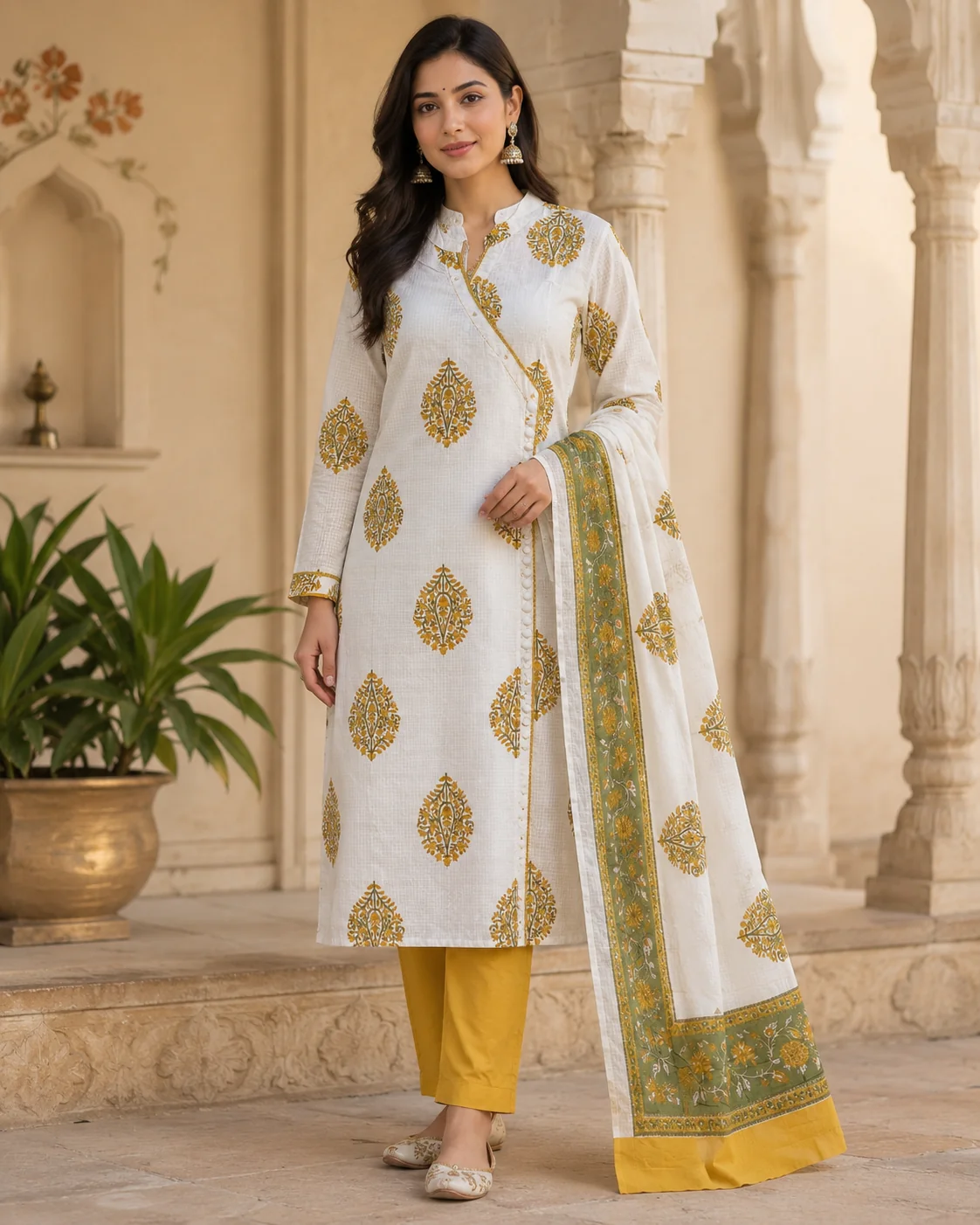 Ivory Cotton Angarkha Kurta with Mustard Butta Print