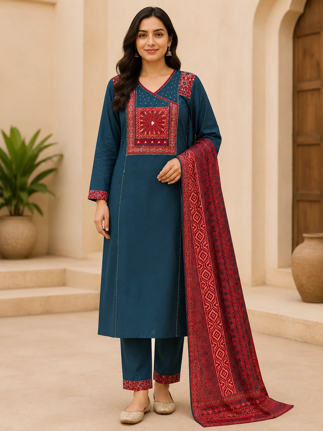 Teal Blue Cotton Kurta Set with Red Kutchi Mirror Yoke