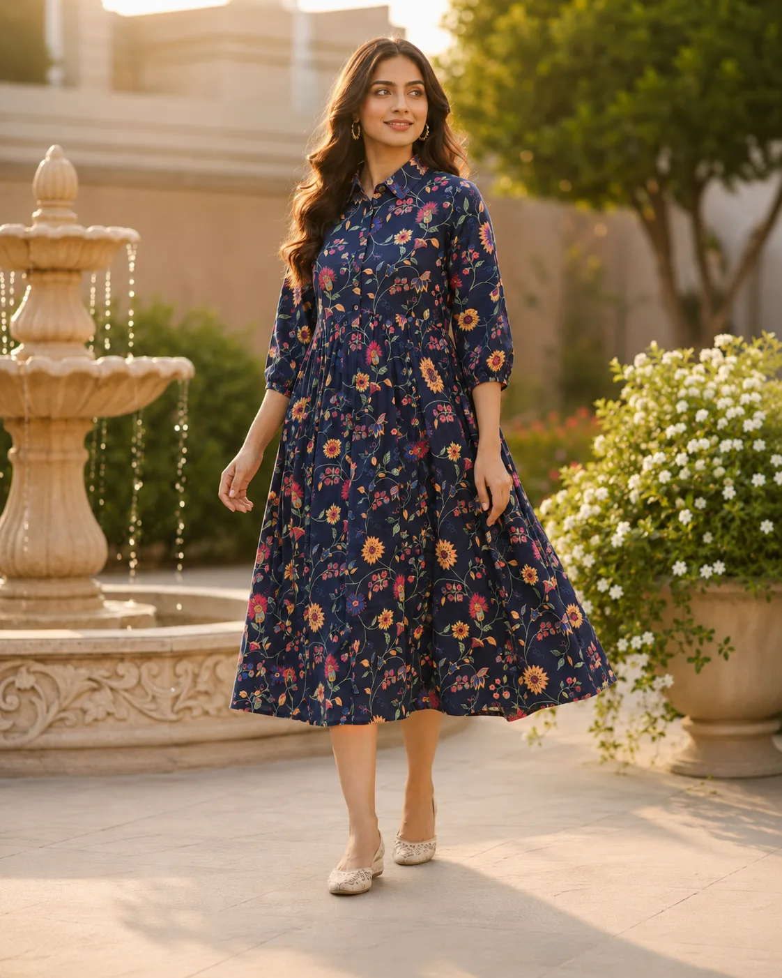 Collared Cotton Mini-Floral Short Frock Blue