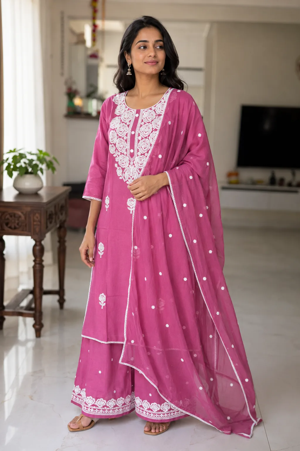 Lucknowi Printed Floral 3 Piece kurti for women with dupatta & mini plazoo(Pink)