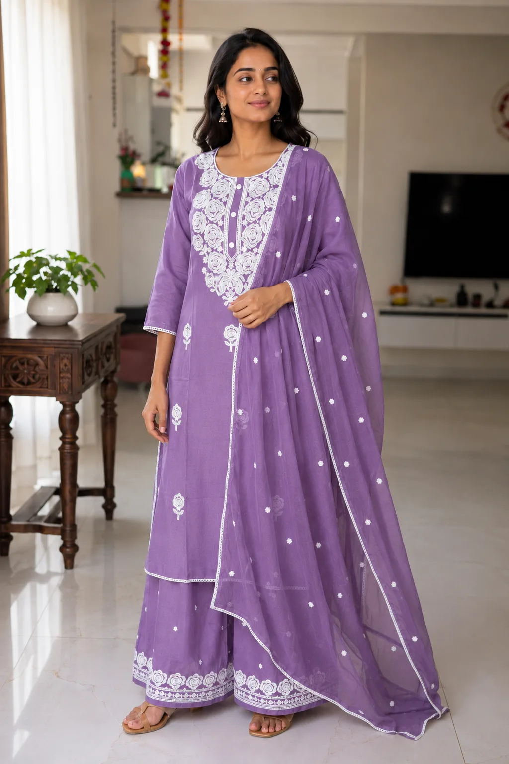 Lucknowi Printed Floral 3 Piece kurti for women with dupatta & mini plazoo (Lavender)