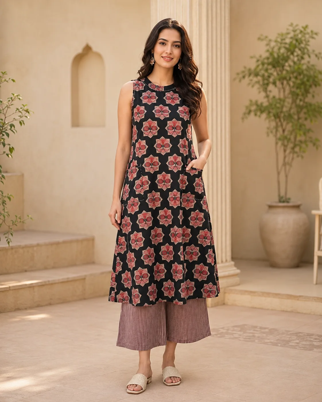 Black Loral Printed Sleeveless Anarkali Kurta Palazzo Set