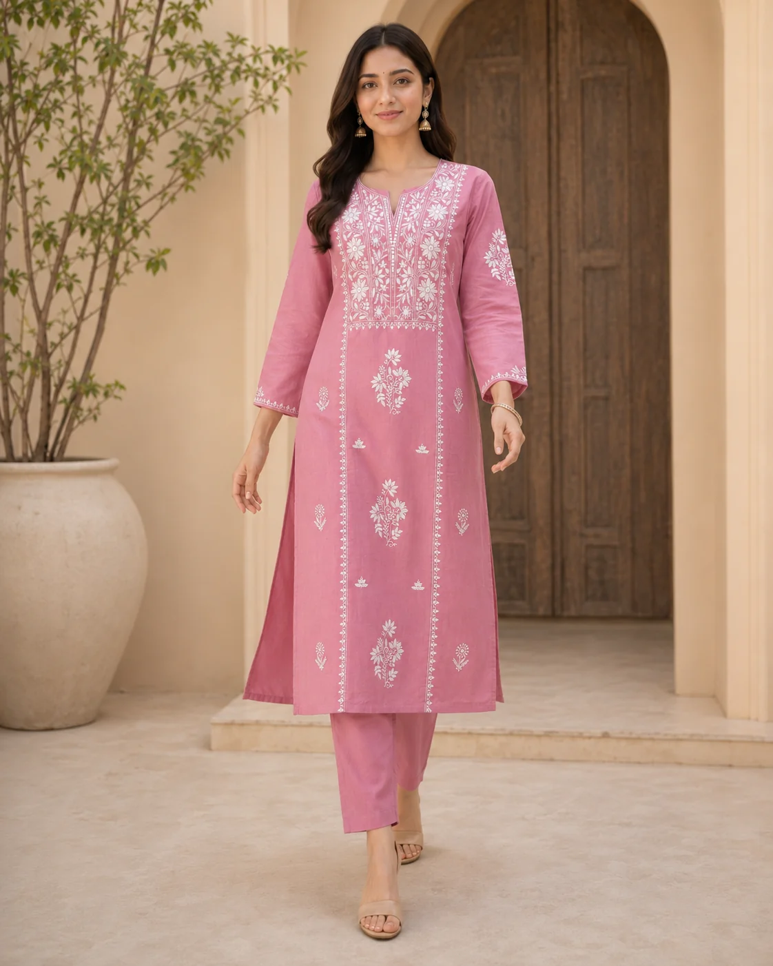 Rose Pink Chikankari-Style Embroidered Kurti