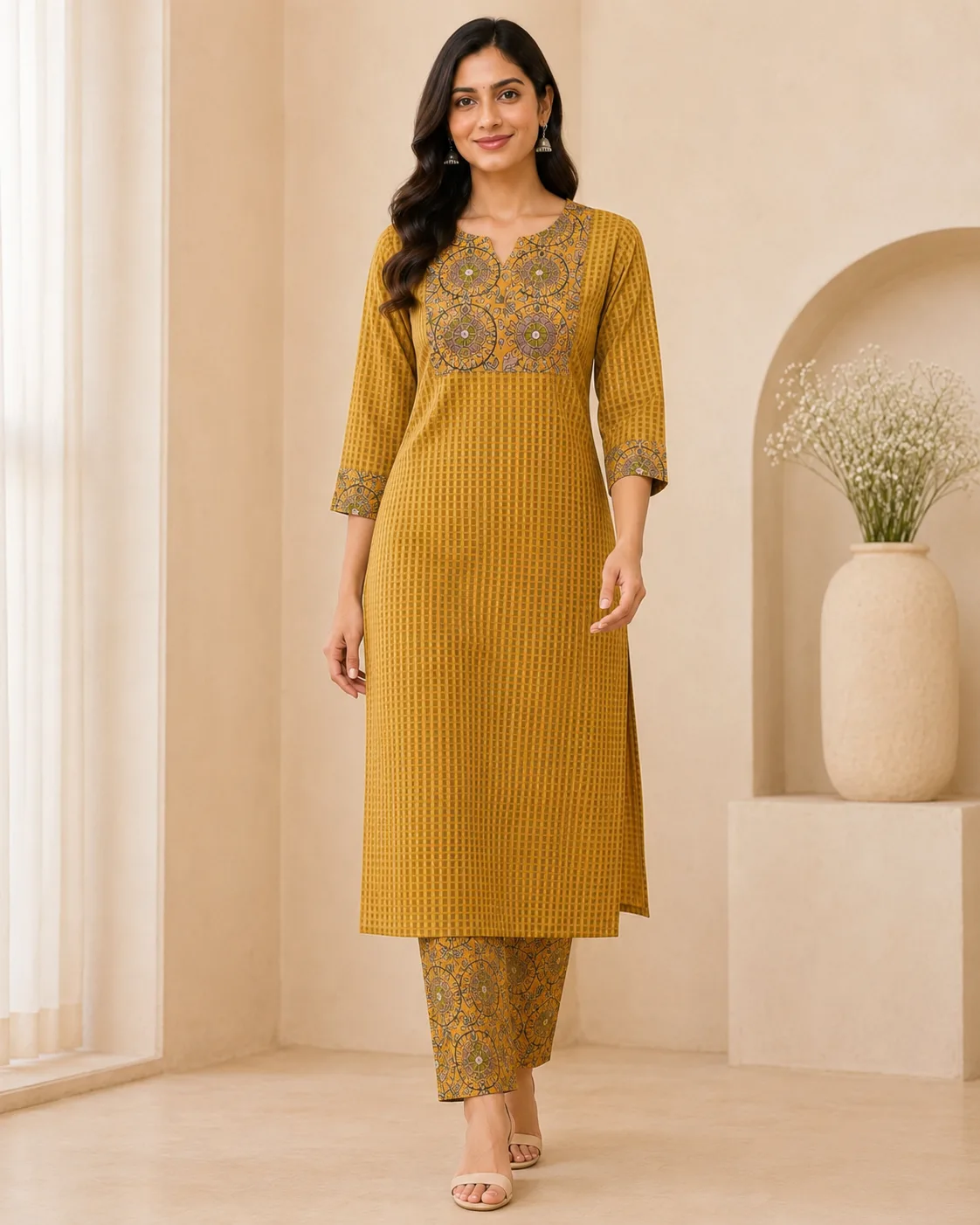 Mustard Cotton Kurta Set with Mirror-Work Yoke