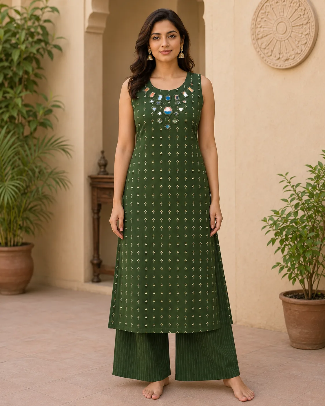  Kurti pant Sleeveless Green Mirror Work 