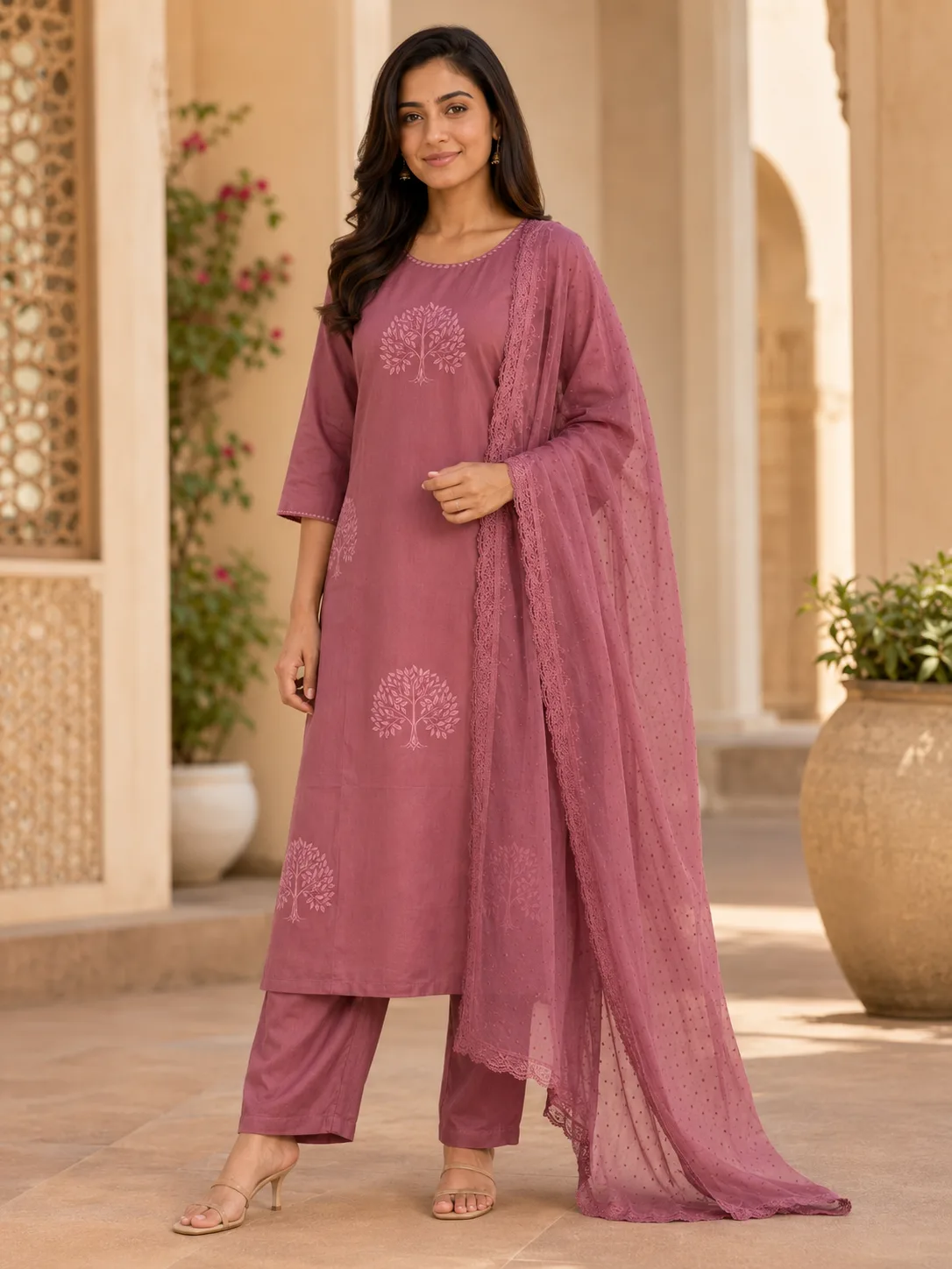 Baby Pink Lucknowi 3 Piece kurti for women with dupatta & Pant
