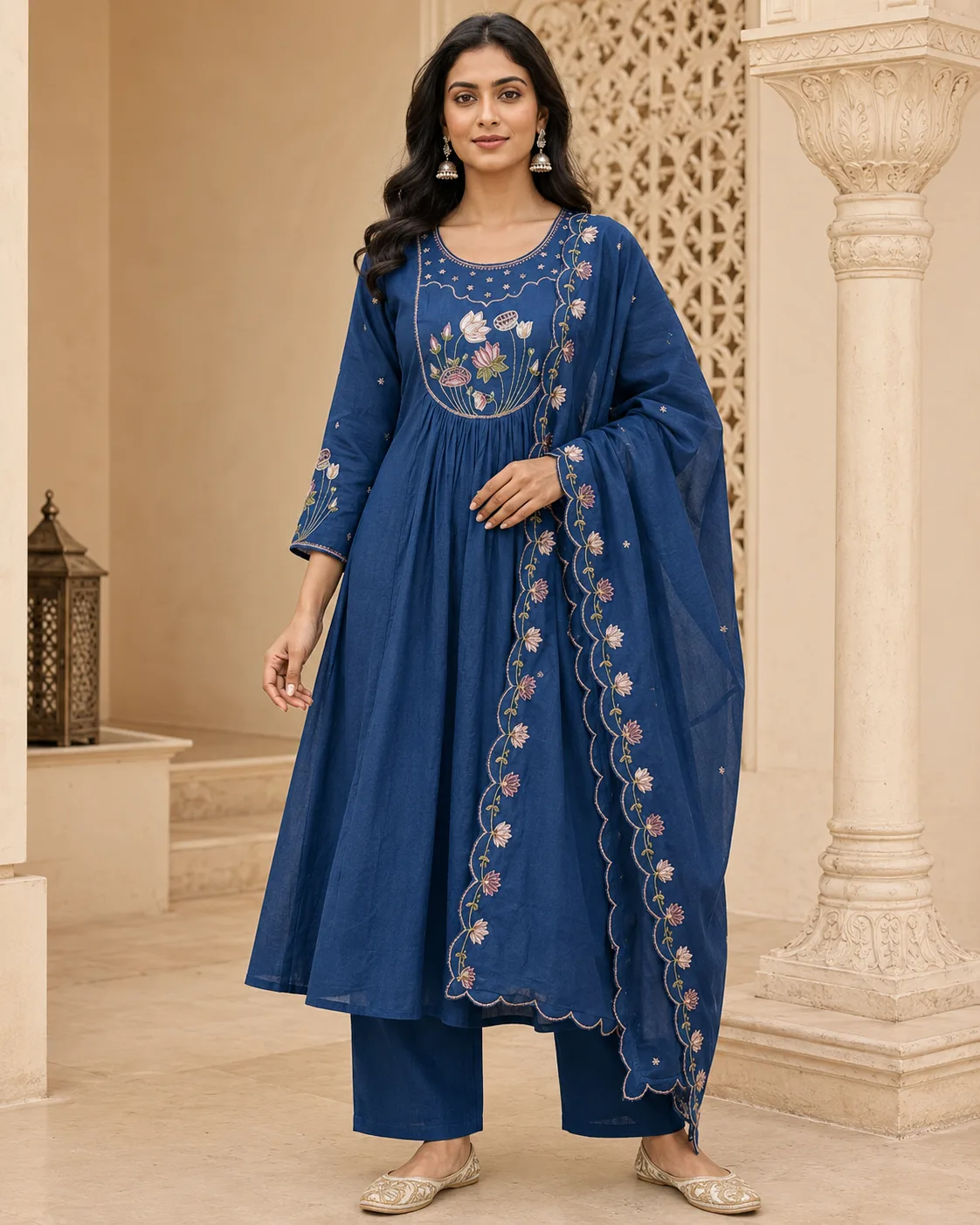 Anarkali Set for women with dupatta & Pant Lotus Embroided Design Blue