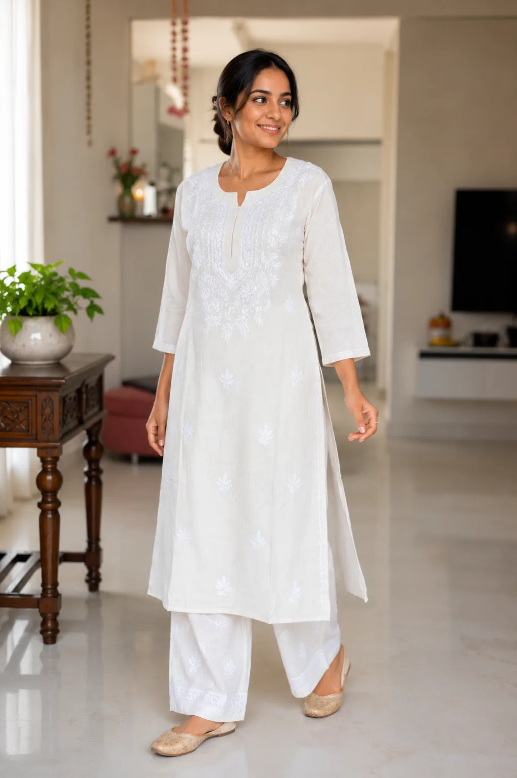 White Lucknowi Work kurti set for women with & pant