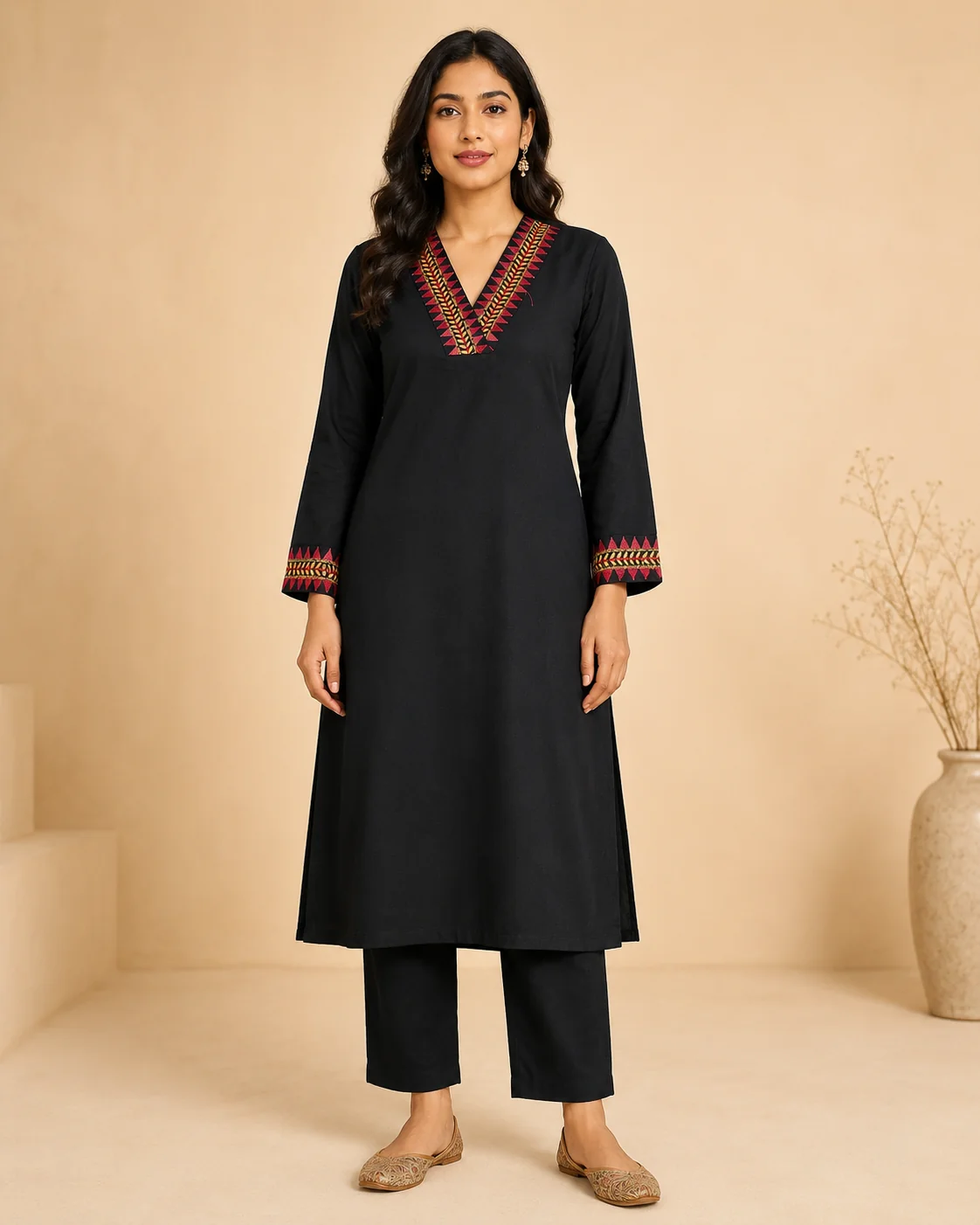 Black Cotton Kurta Co-ord with Red Chevron Embroidery