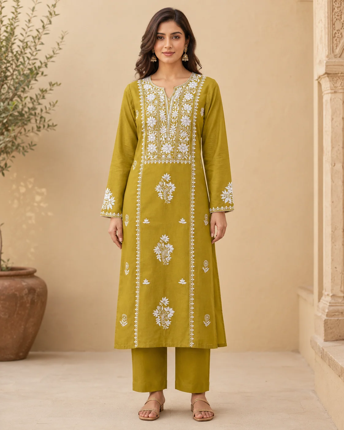 Mehendi Green Cotton Kurti with White Chikankari Florals