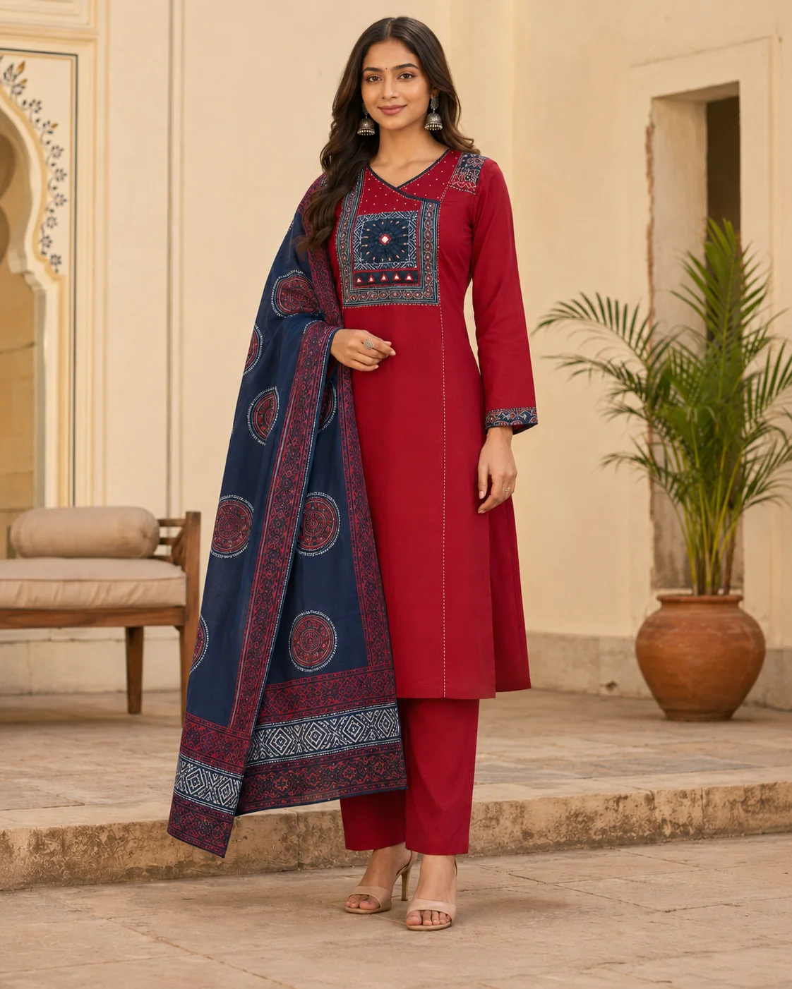 Maroon Cotton Kurta Set with Ajrakh Indigo Dupatta