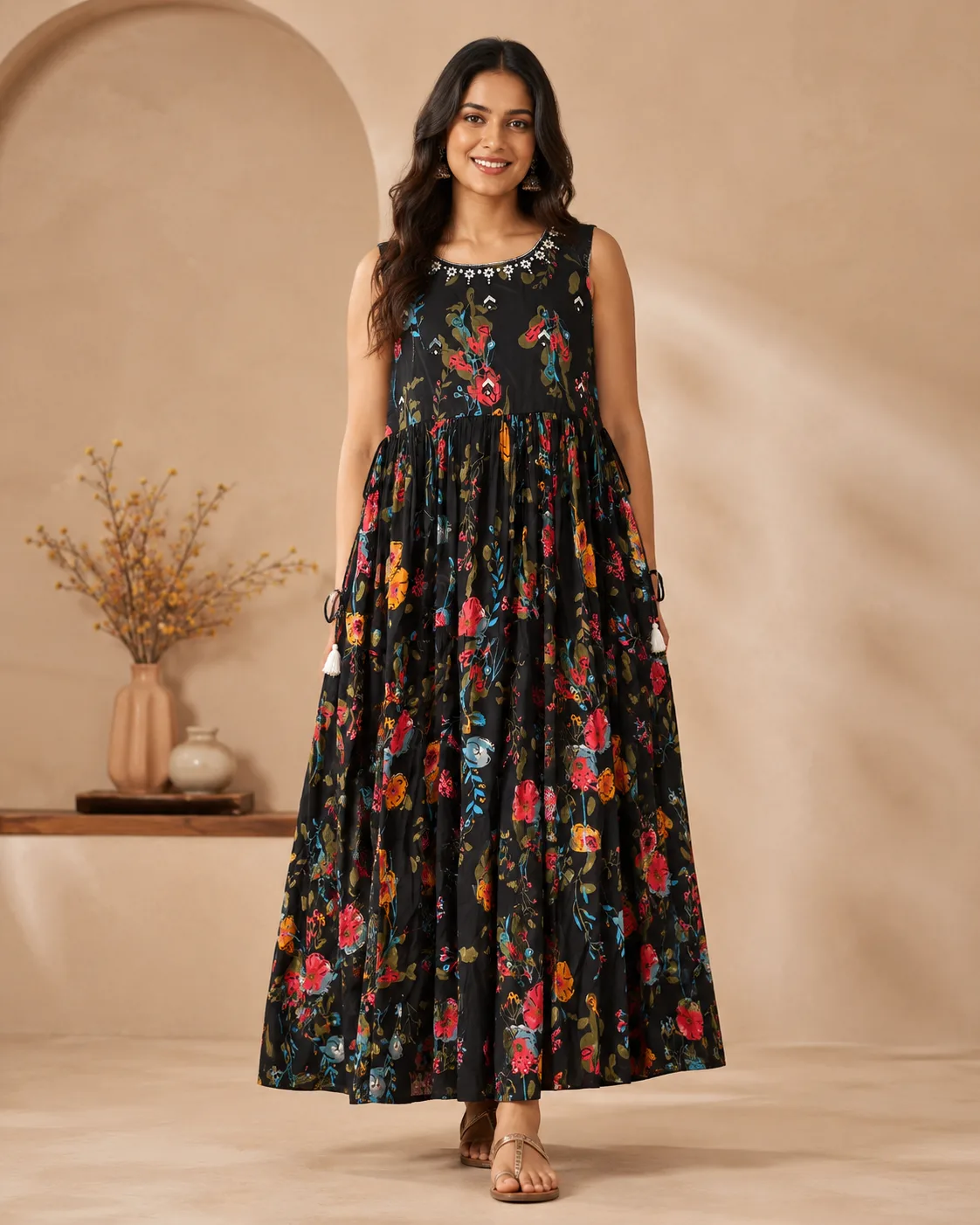 Black Sleevless Mini-Floral Printed Frock