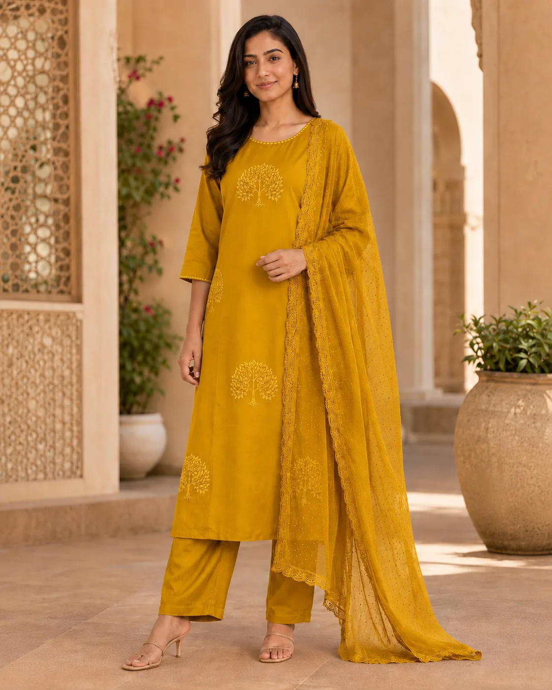 Mustard Yellow Lucknowi 3 Piece kurti for women with dupatta & Pant