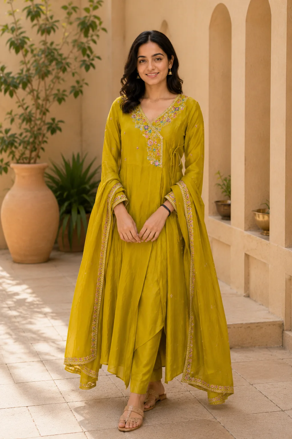 Anarkali Set V-Neck Embroided Lemon Green colorAnarkali slit top for women with dupatta &Pant