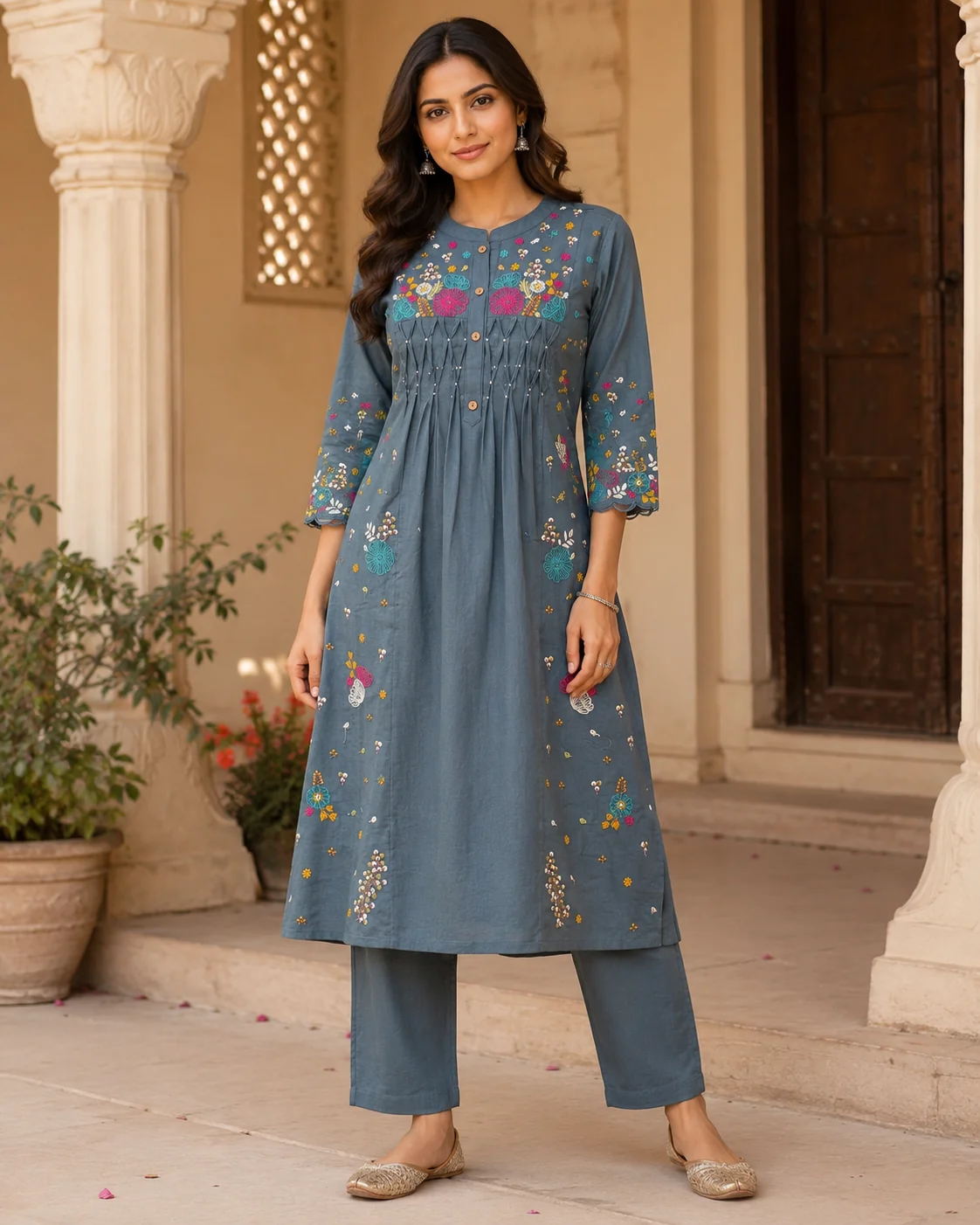 Slate Grey Cotton Kurta Set with Floral Thread Embroidery