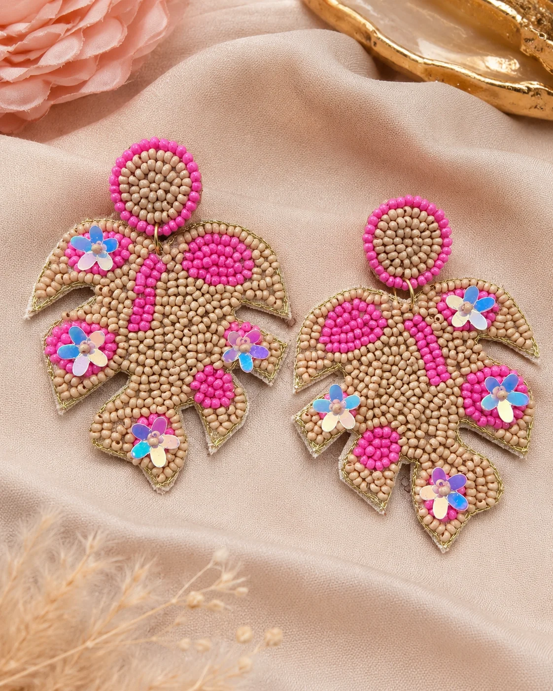 Monstera Leaf Sequin-Bloom Earrings