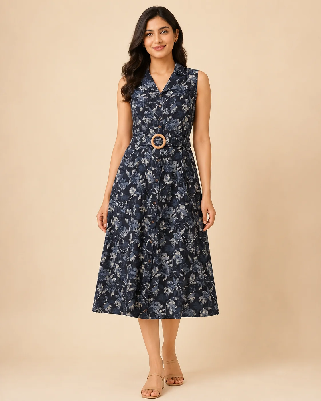 Navy Floral Cotton Shirt Dress with Wooden Belt