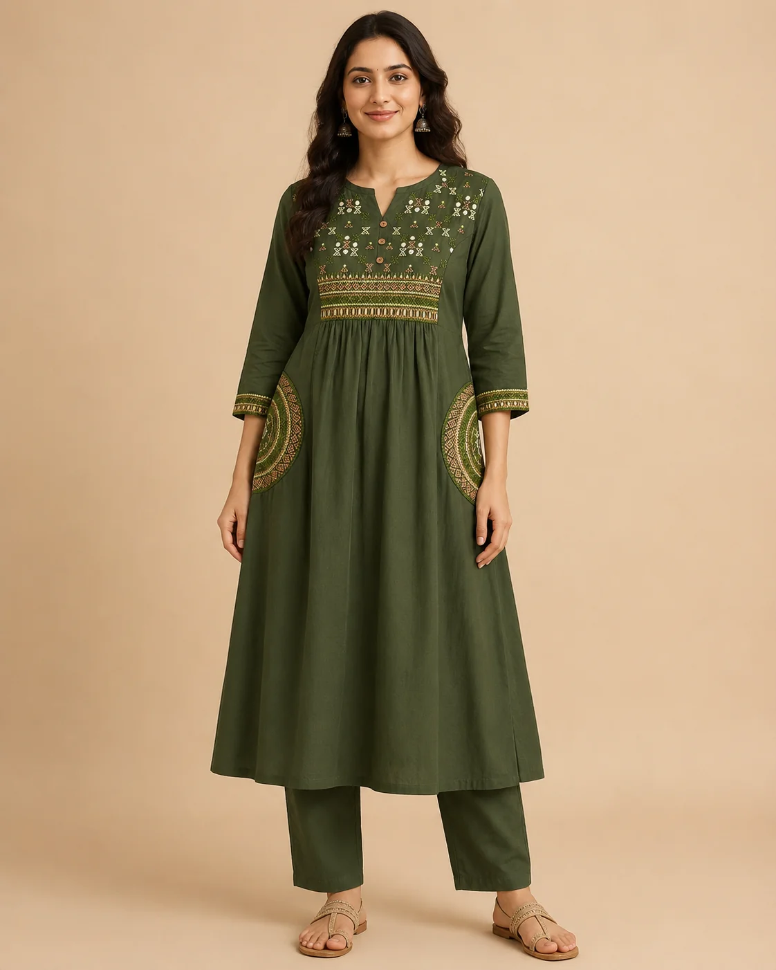 Olive Green Cotton Kurta Set with Mirror Yoke