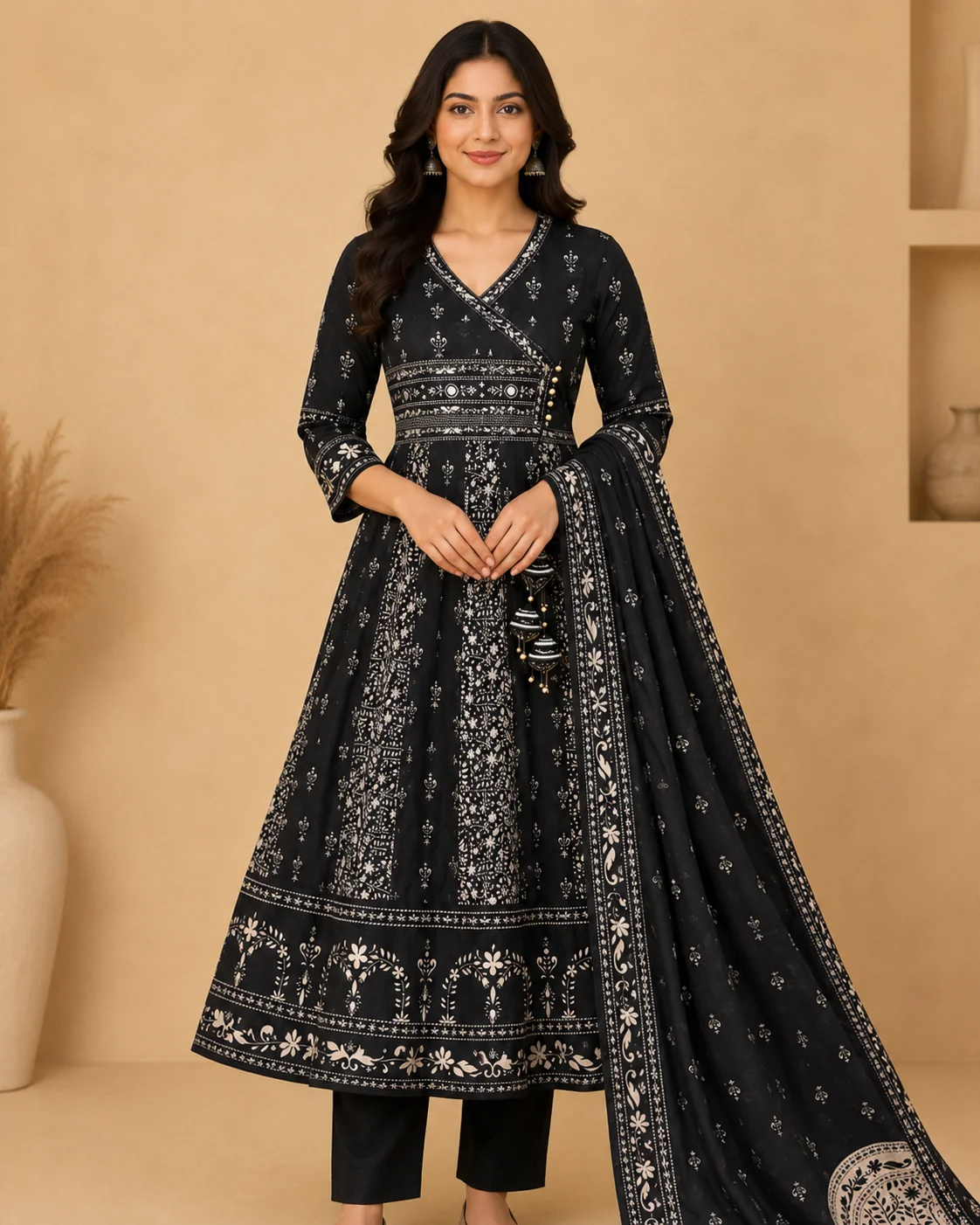 Black Rayon Printed Angrakha Anarkali Set with Dupatta