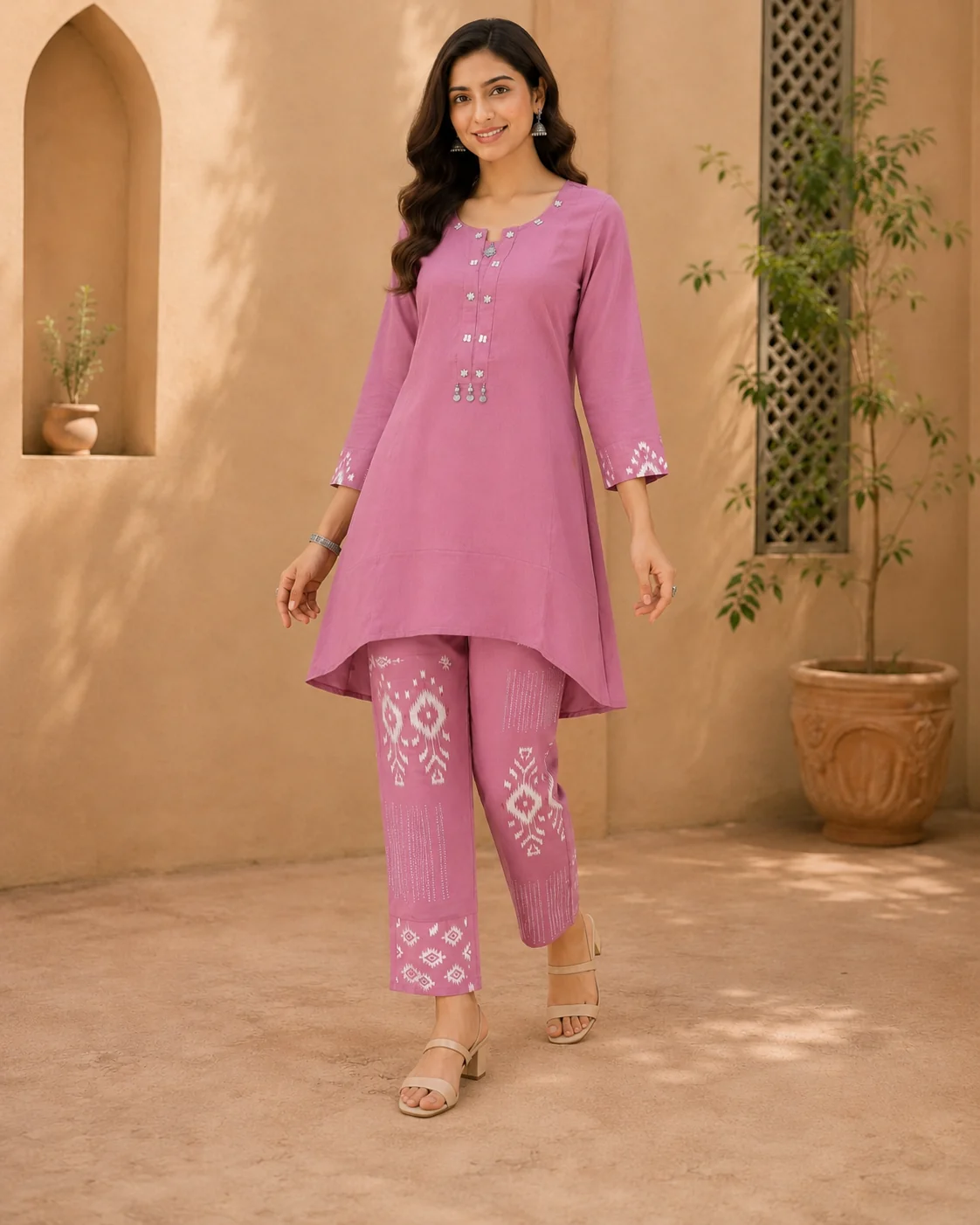 Onion Pink Rayon Co-ord Set with Ikat Pants