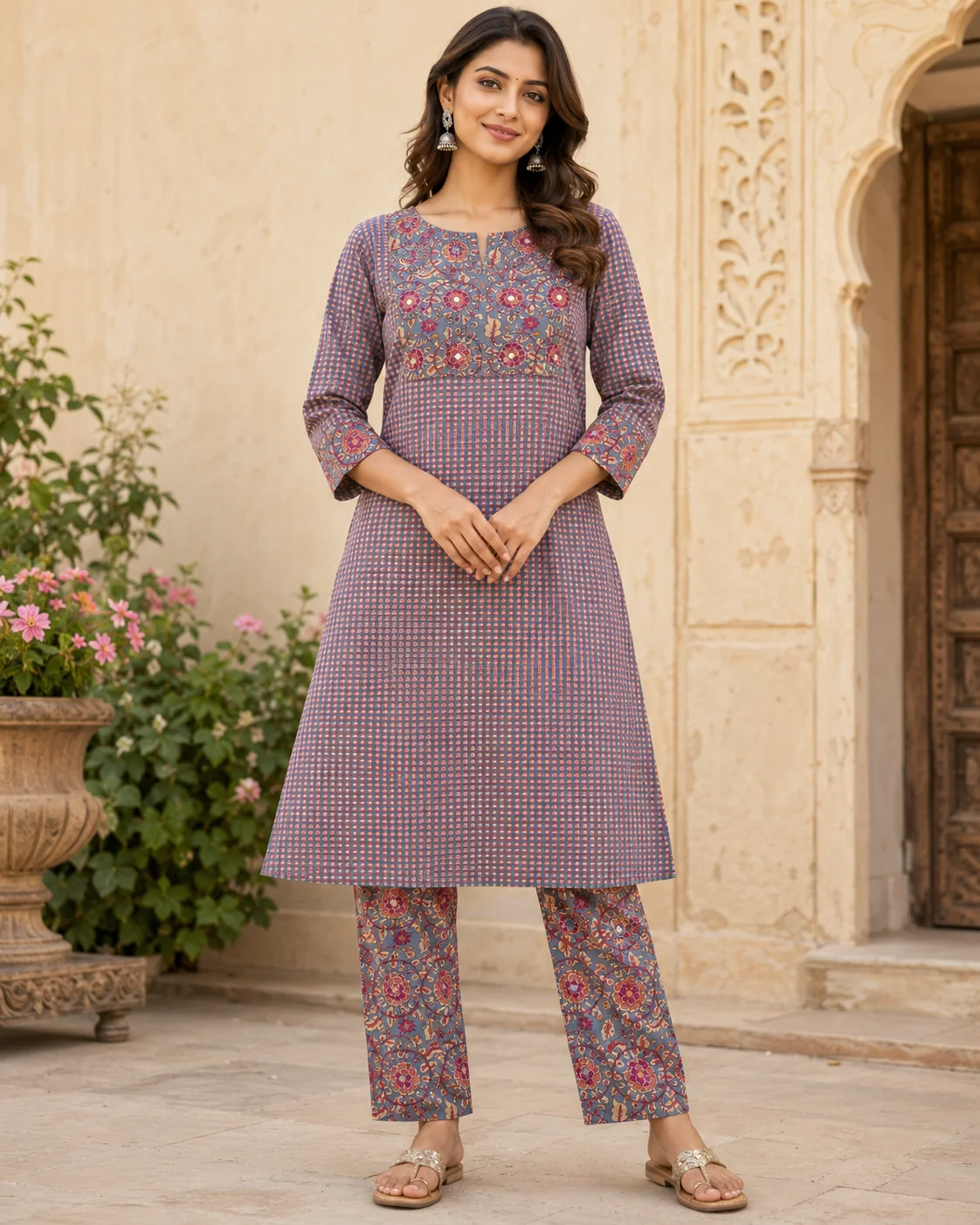 Grey Cotton Kurta Co-ord with Mirror-Work Yoke