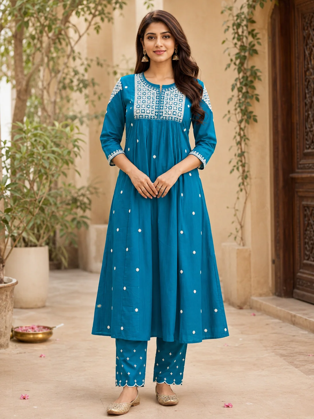 Teal Cotton Kurta Set with Embroidered Yoke