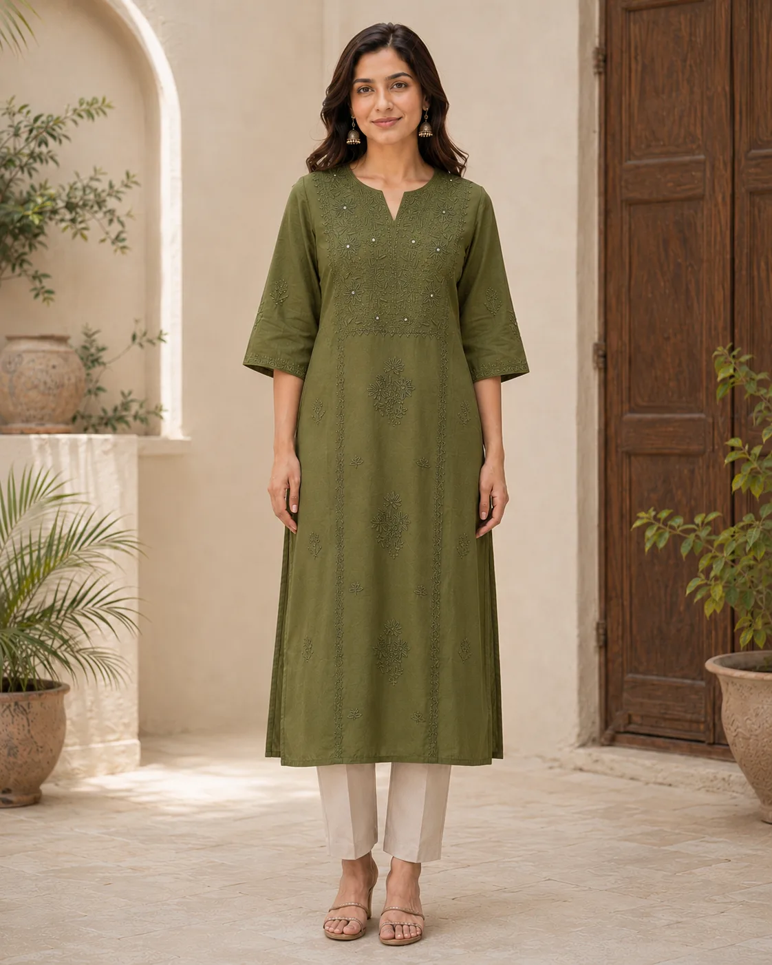 Lucknowi Kurti  (Bottle Green)