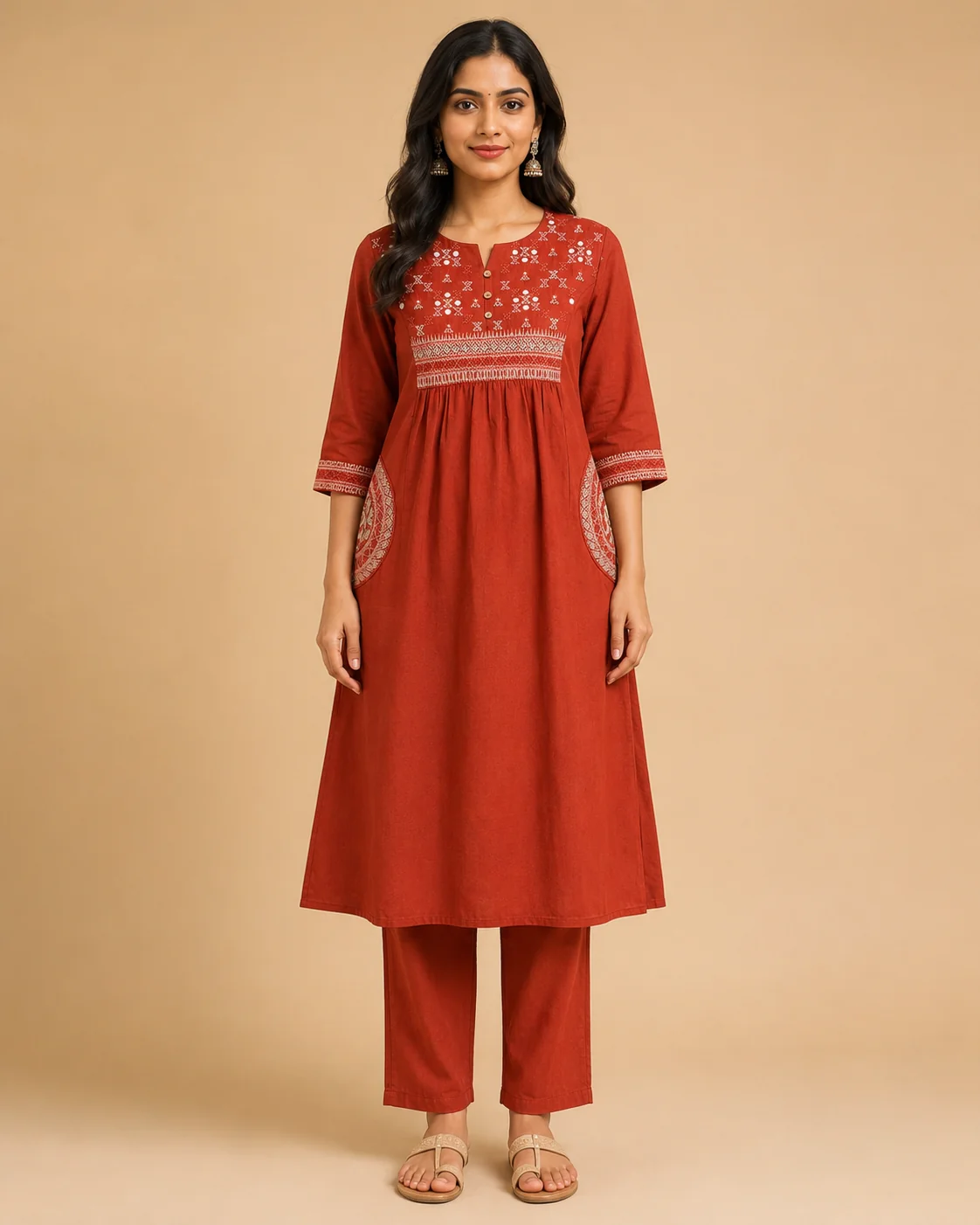 Rust Cotton Kurta Set with Mirror Work Yoke