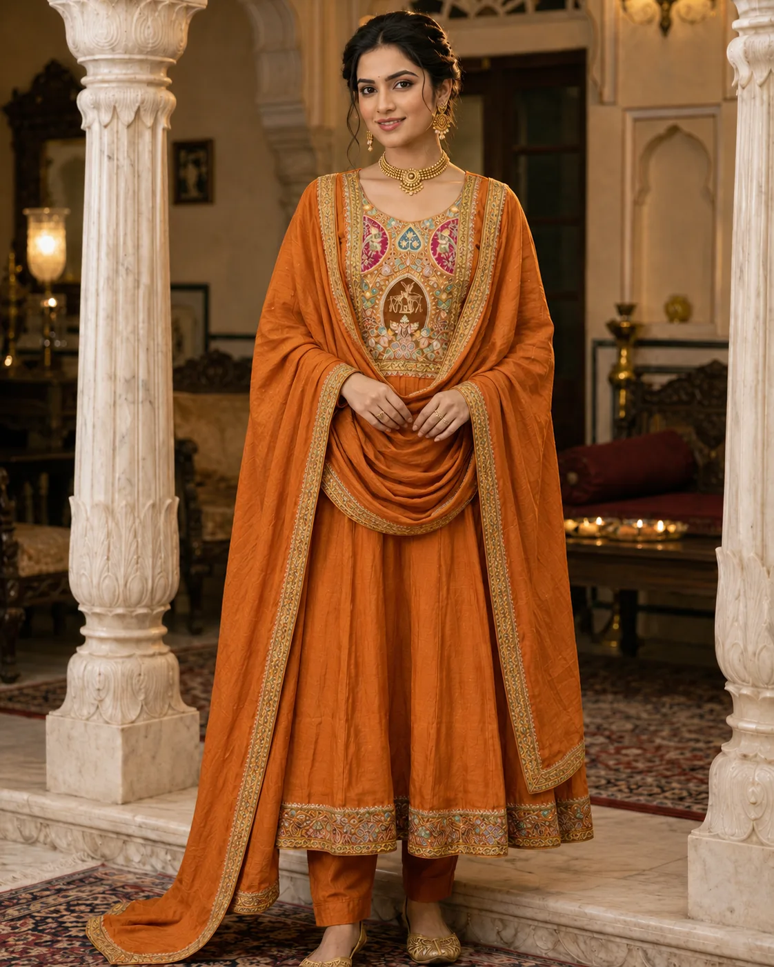 Rust Colored Anarkali set for woman with dupatta &Pant