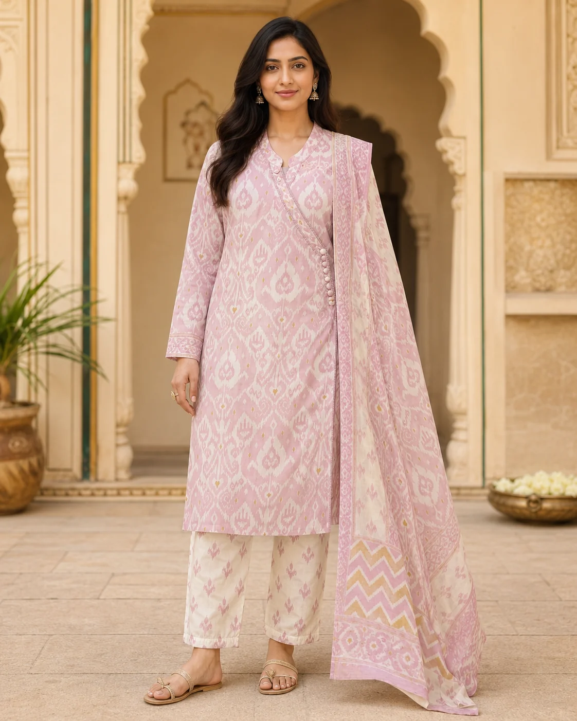 Lilac Cotton Ikat-Print Angrakha Kurta Set with Dupatta