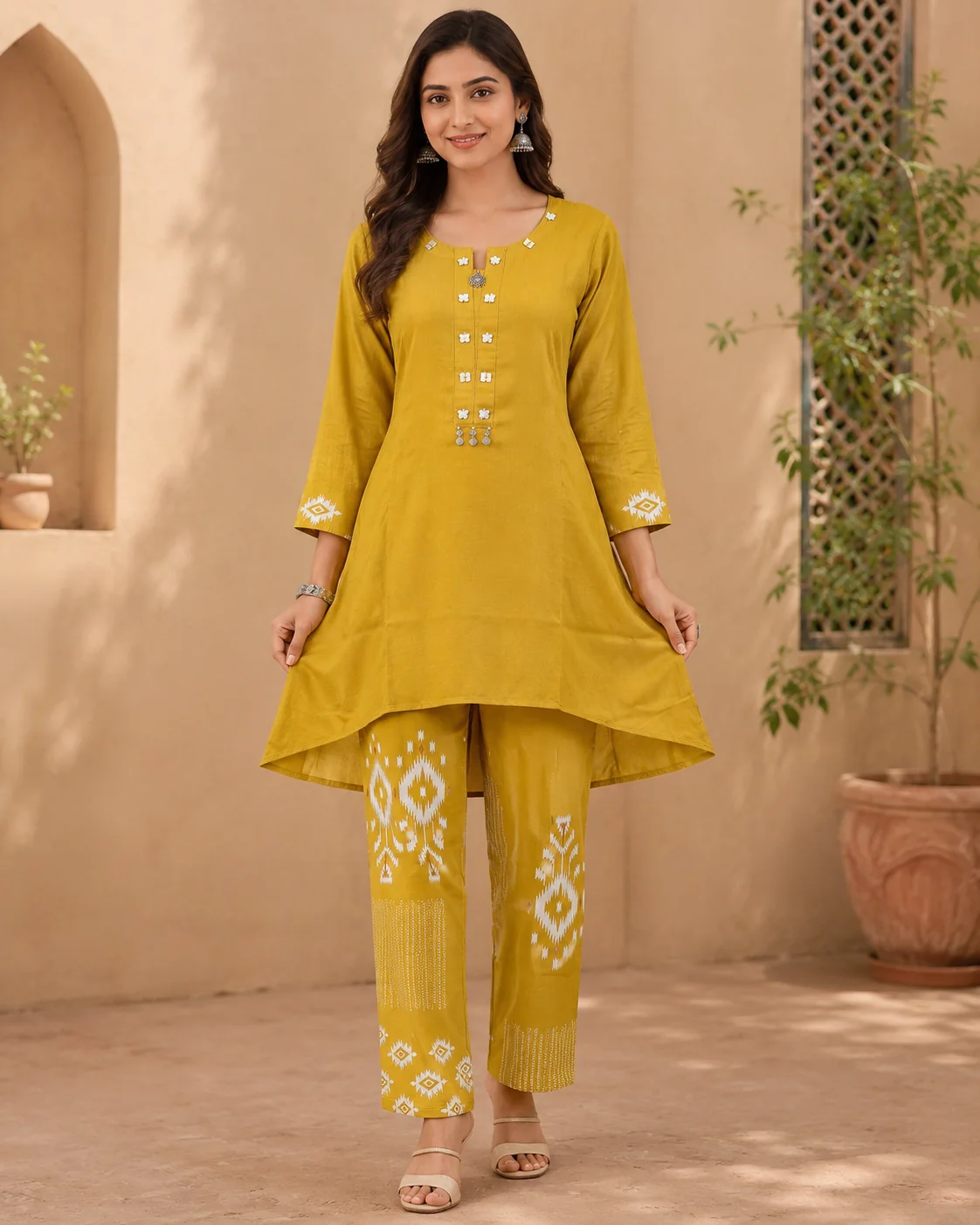 Mustard Rayon Kurti Set with Ikat-Print Pants