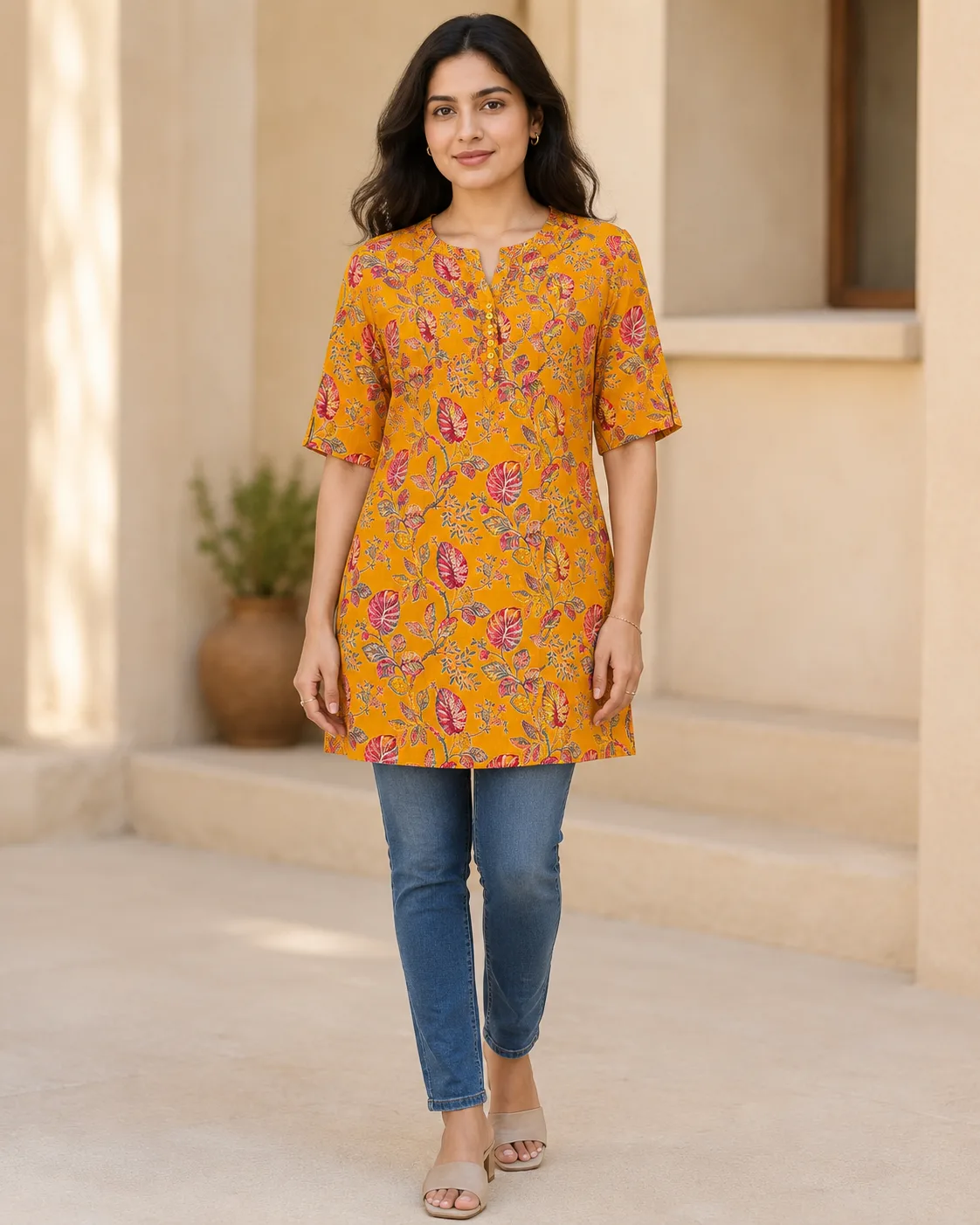 Mustard Yellow Printed Short Top