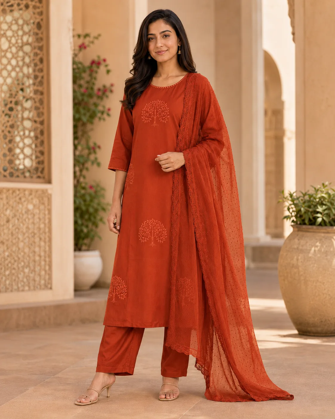Rust Colored Lucknowi 3 Piece kurti for women with dupatta & Pant