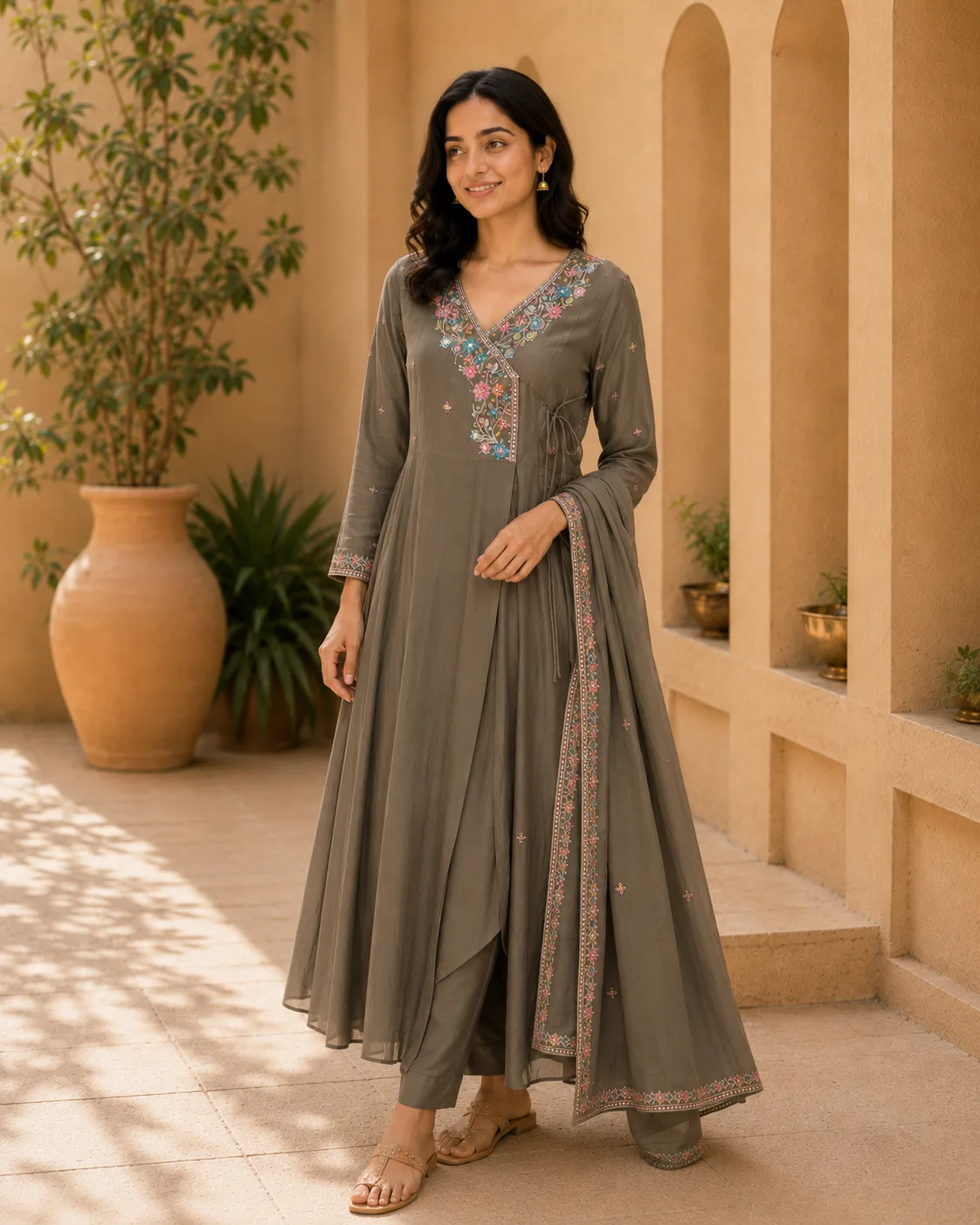 Anarkali Set V-Neck Embroided Army Green Anarkali slit top for women with dupatta &Pantcolor