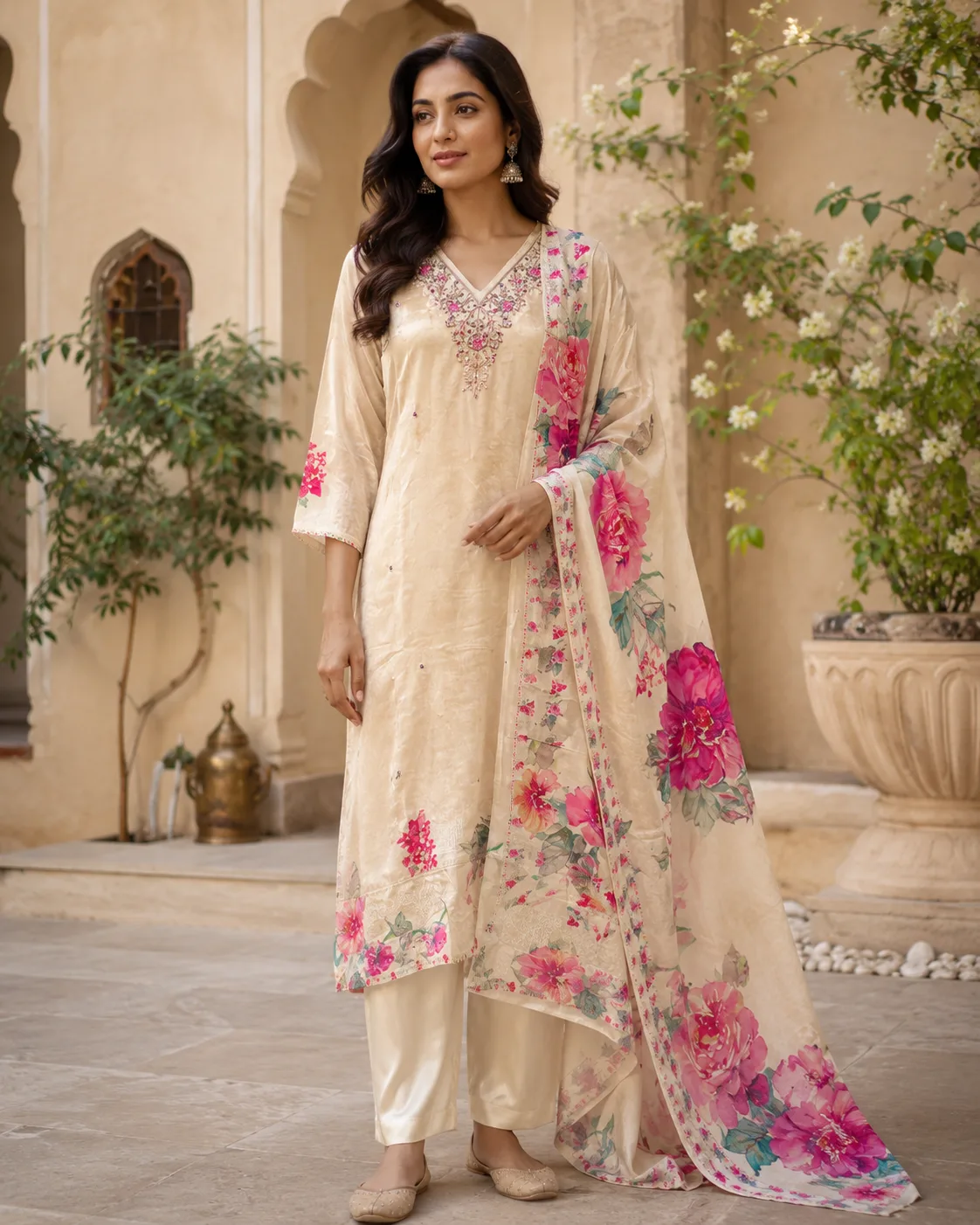 Chikoo Floral Printed Silk 3 Piece kurti for women with dupatta & Pant