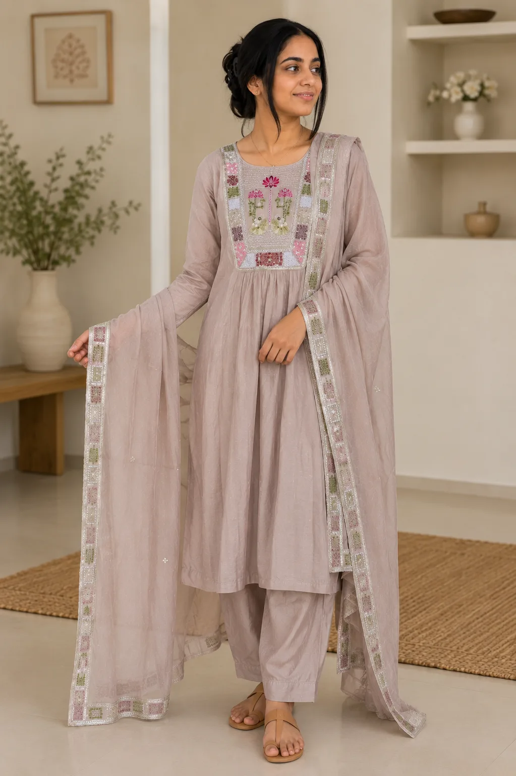Embroided Neck Chikoo Grey, Anarkali Set for women with dupatta & Pant