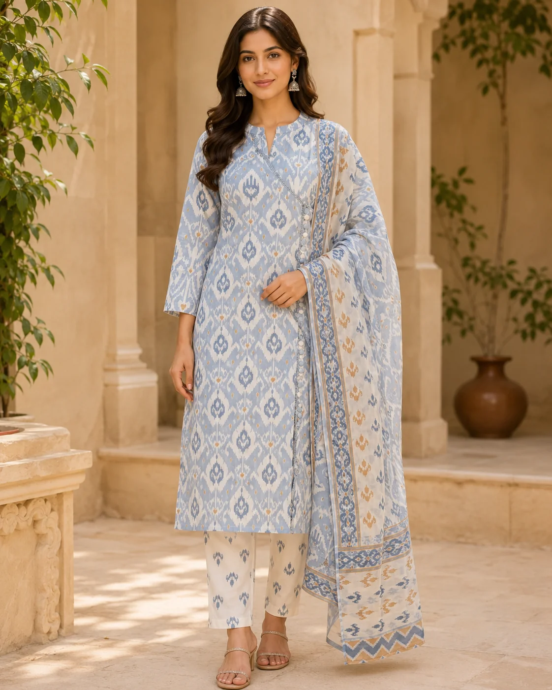 Powder Blue Cotton Ikat-Print Kurta Set with Mirror Buttons